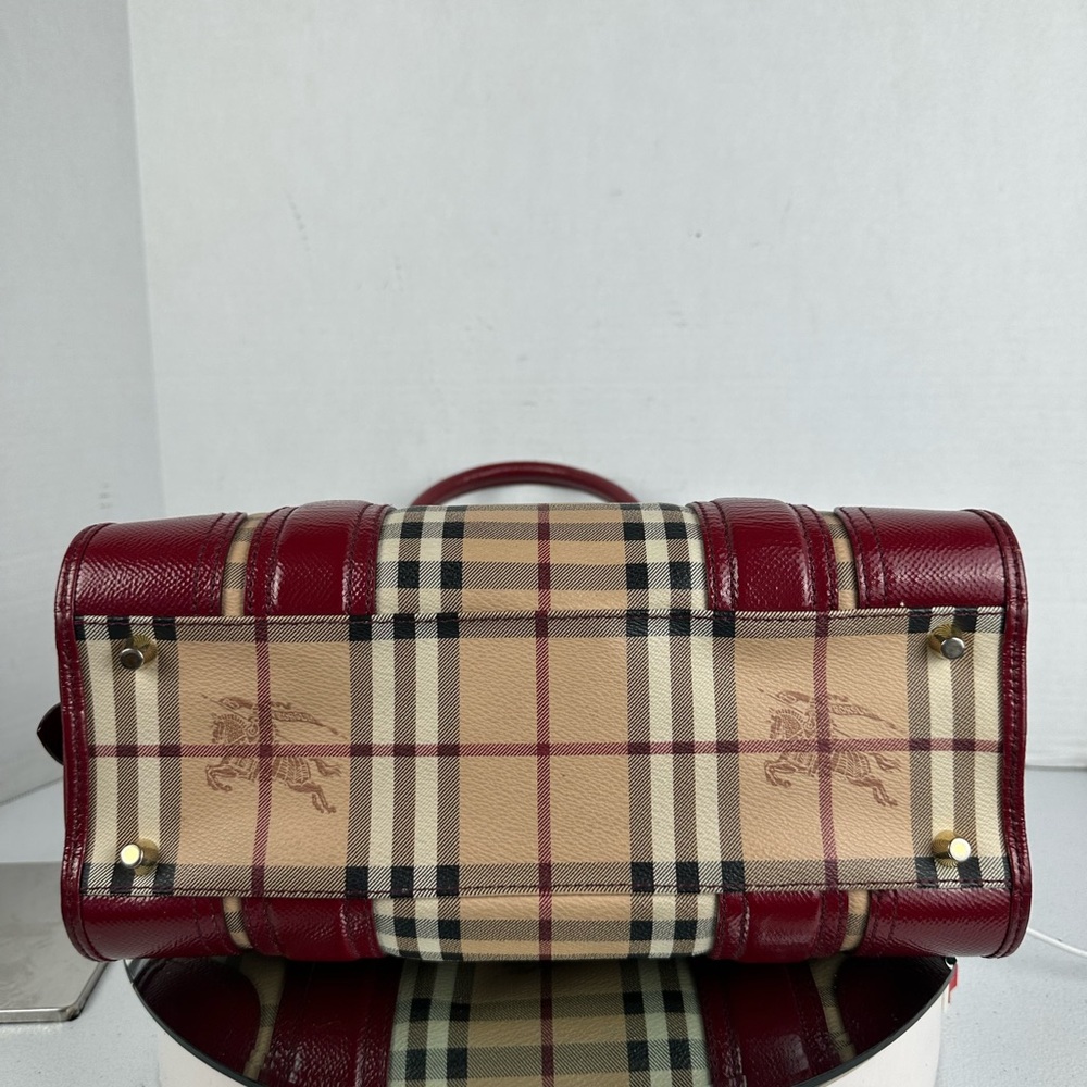 Heritage Plaid Satchel Handbag in Burgundy and Beige - Picture 5 of 11